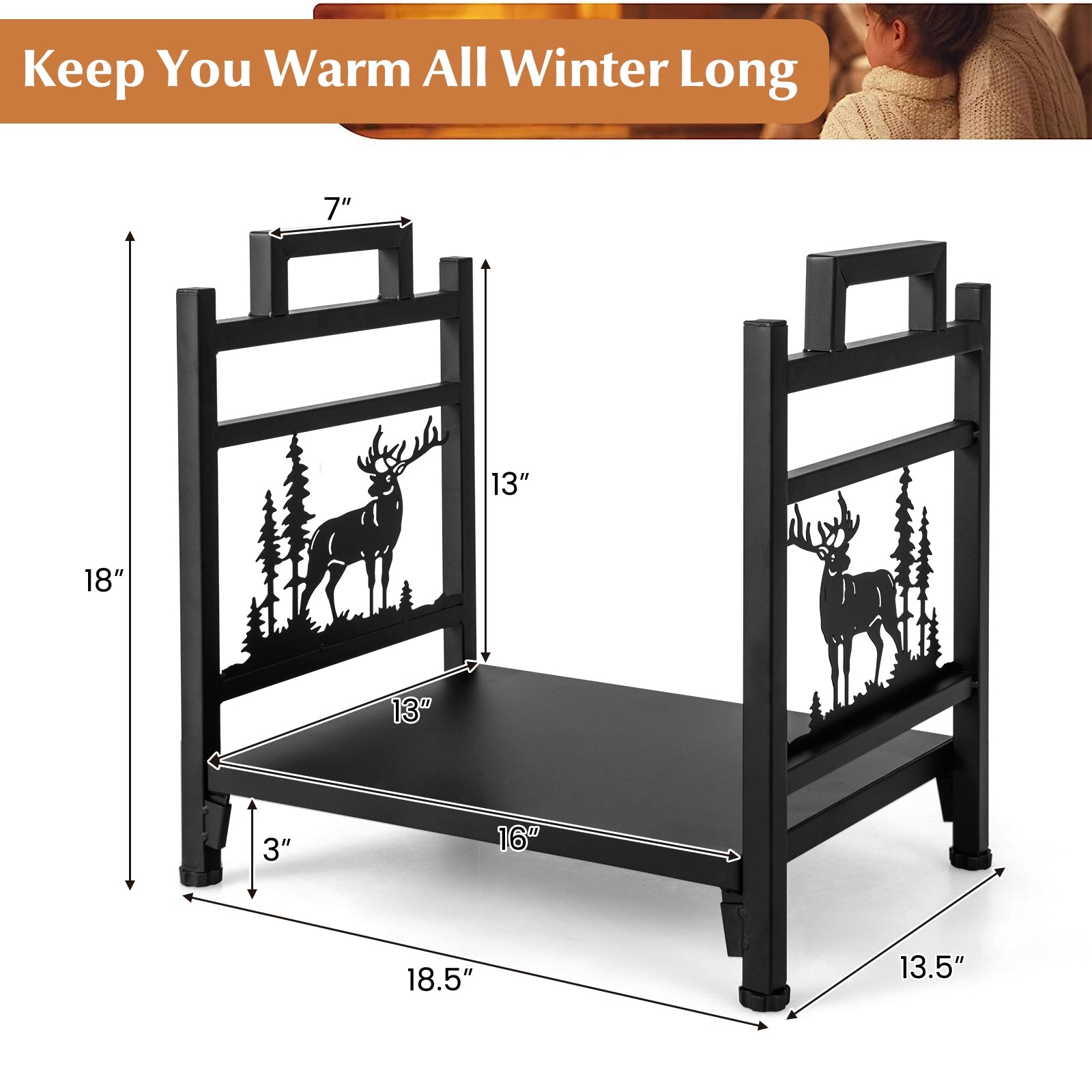 18.5 Inch Metal Firewood Rack, Dual Handles, Black Log Storage at Gallery Canada
