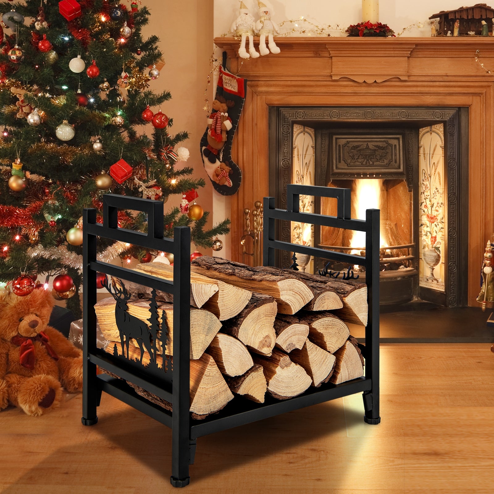 18.5 Inch Metal Firewood Rack, Dual Handles, Black Log Storage at Gallery Canada