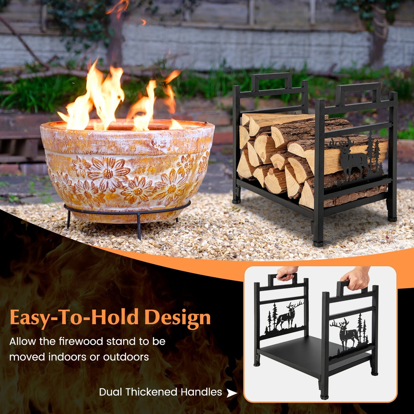 18.5 Inch Metal Firewood Rack, Dual Handles, Black Log Storage at Gallery Canada