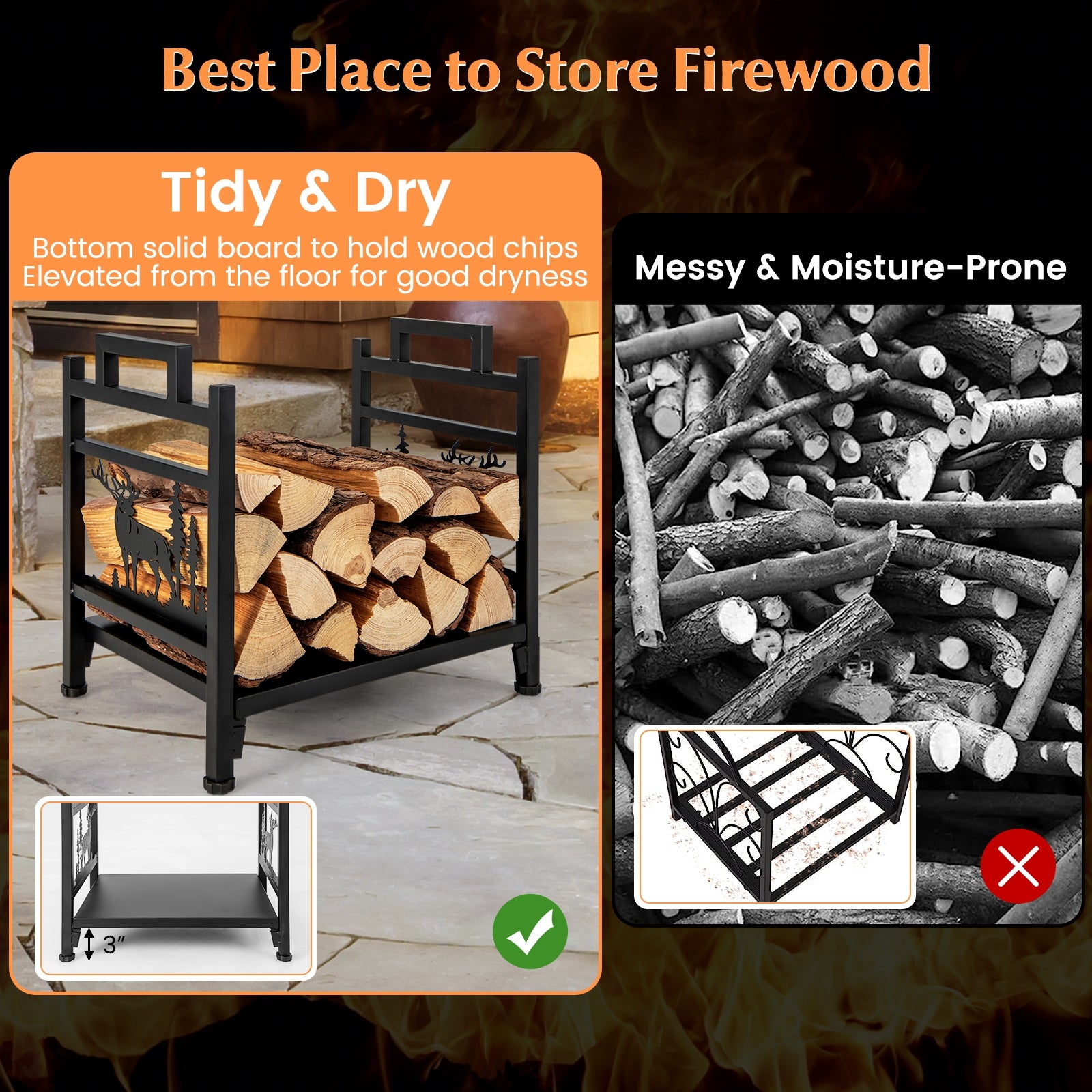 18.5 Inch Metal Firewood Rack, Dual Handles, Black Log Storage at Gallery Canada