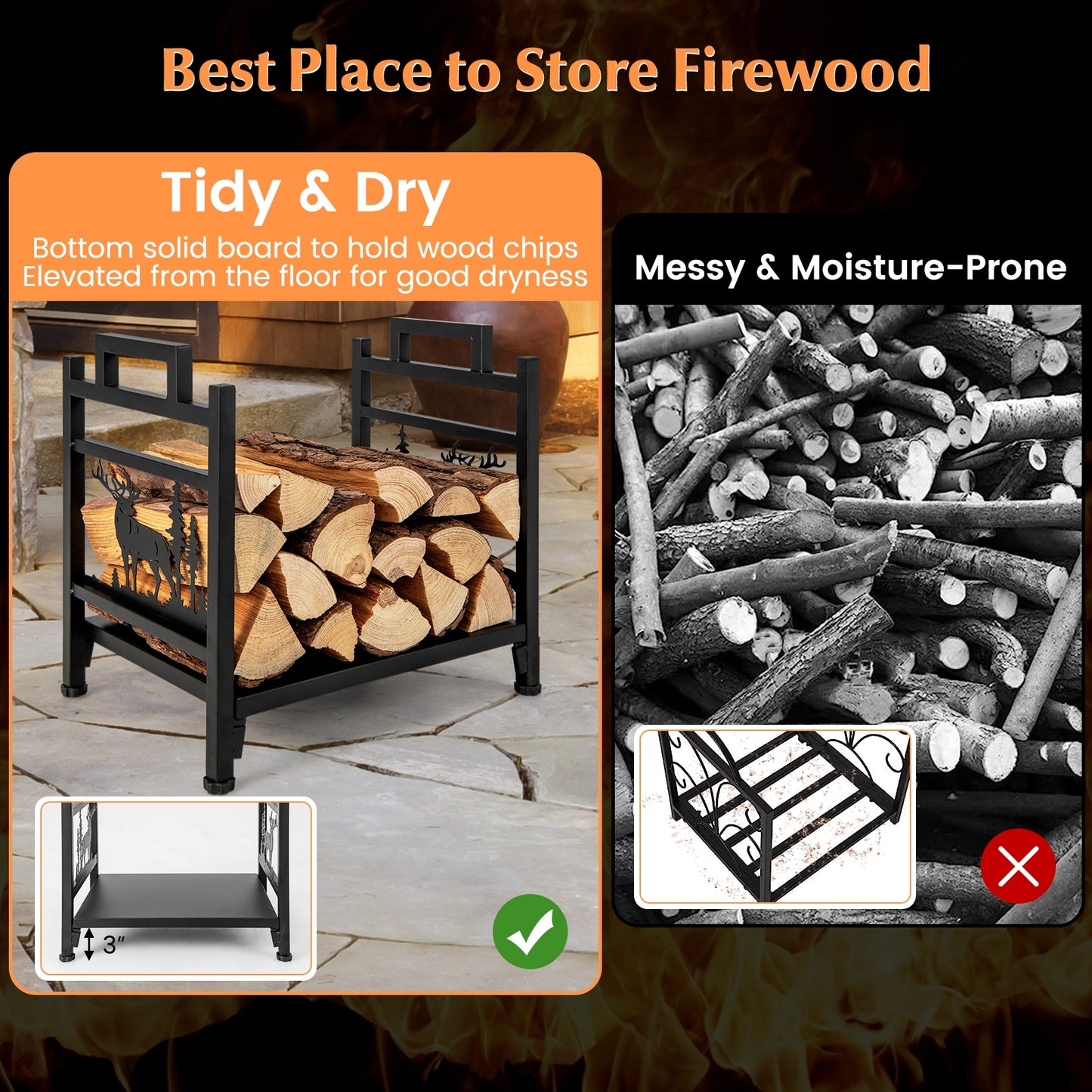 18.5 Inch Metal Firewood Rack, Dual Handles, Black Log Storage at Gallery Canada