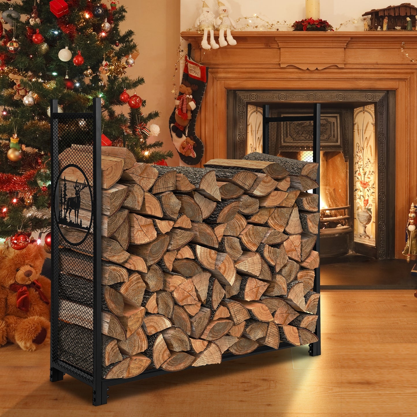 4 Feet Firewood Rack Stand, Mesh Sides, Black Log Storage at Gallery Canada