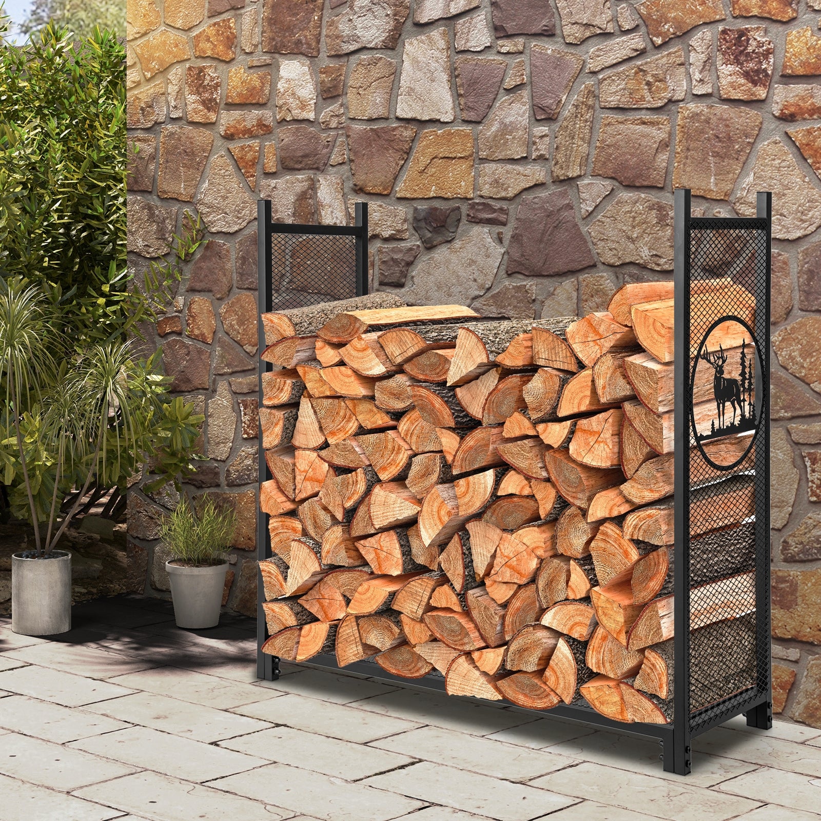 4 Feet Firewood Rack Stand, Mesh Sides, Black Log Storage at Gallery Canada