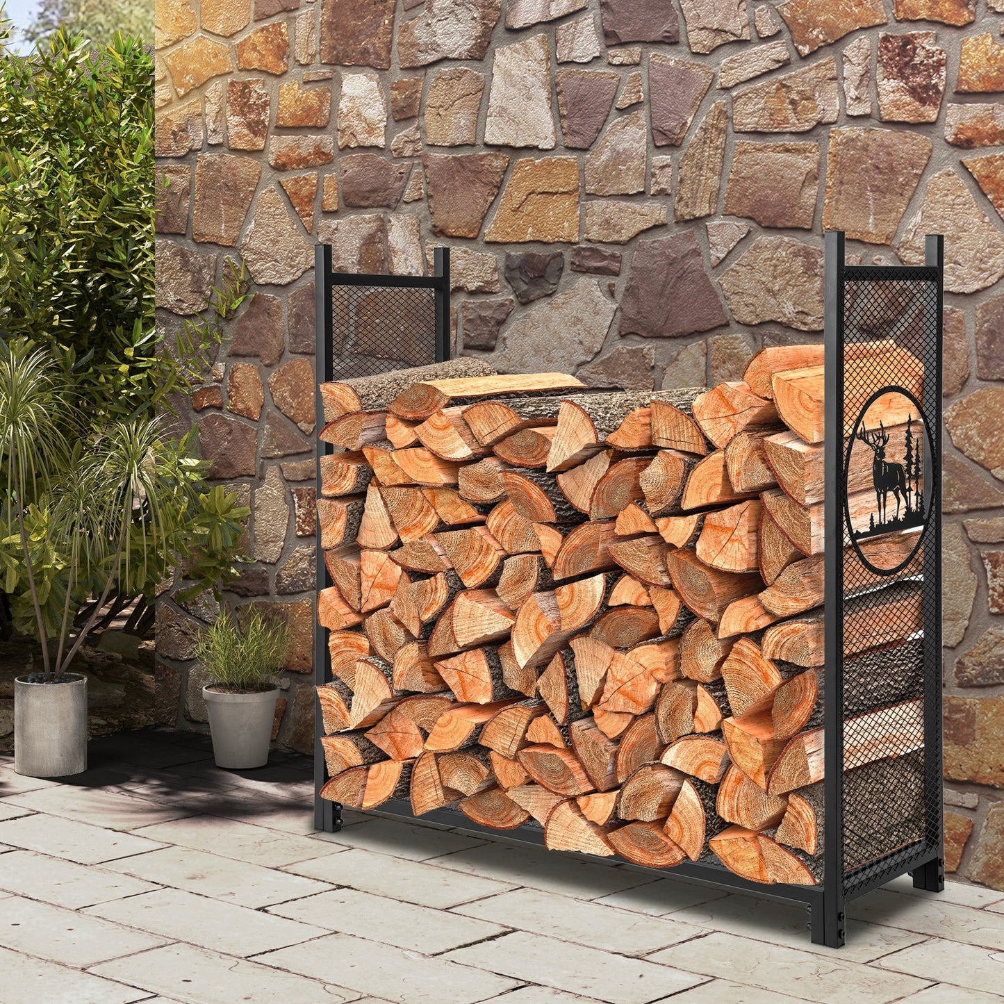 4 Feet Firewood Rack Stand, Mesh Sides, Black Log Storage at Gallery Canada