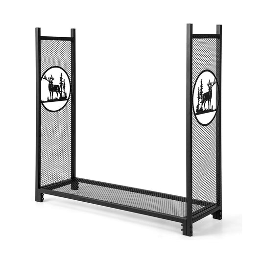 4 Feet Firewood Rack Stand with Mesh Sides, Black - Gallery Canada