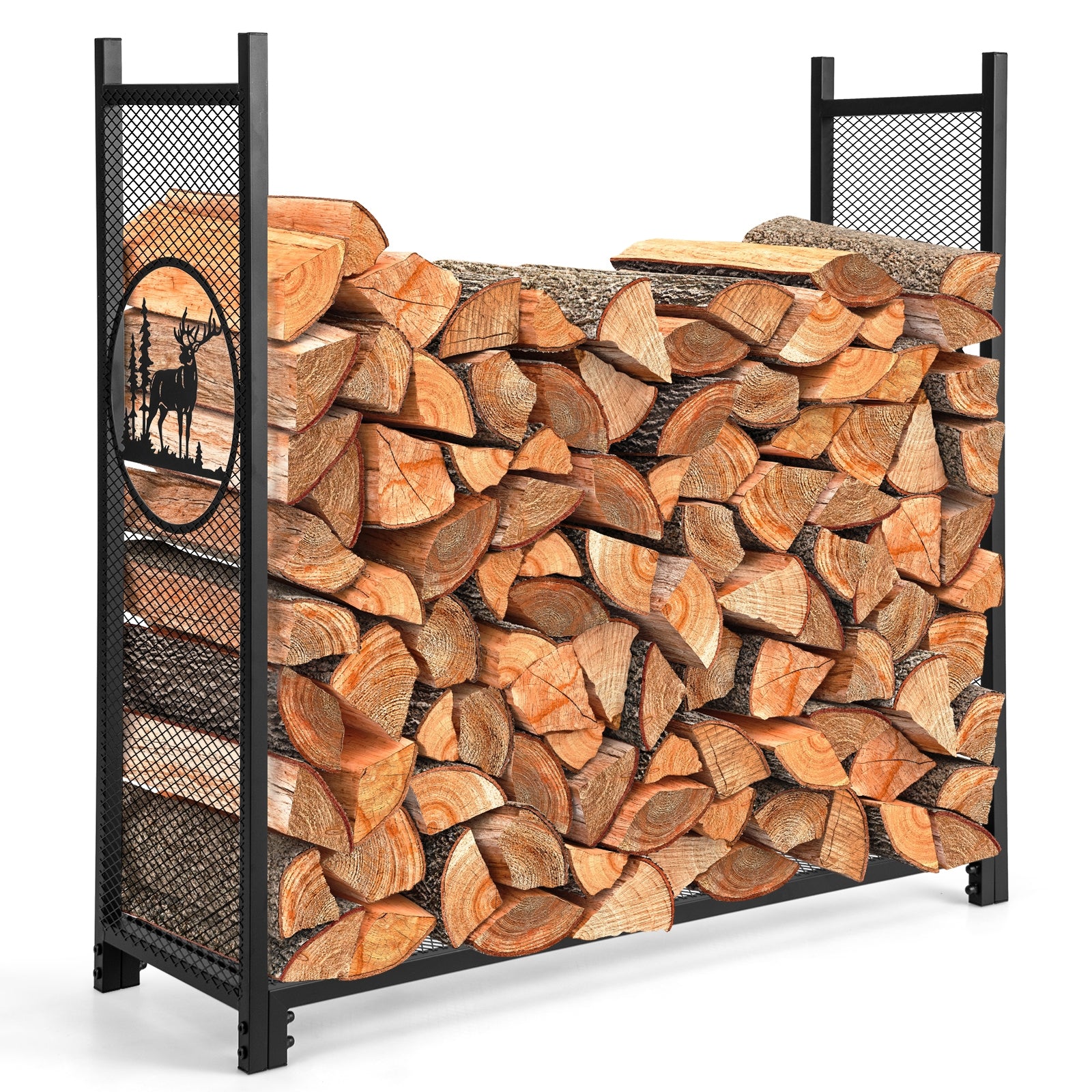 4 Feet Firewood Rack Stand, Mesh Sides, Black Log Storage at Gallery Canada