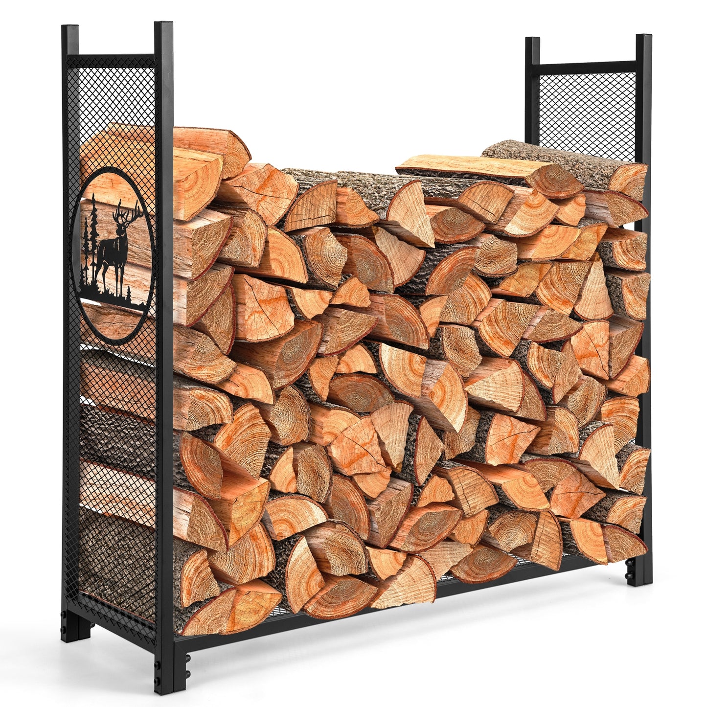 4 Feet Firewood Rack Stand, Mesh Sides, Black Log Storage at Gallery Canada