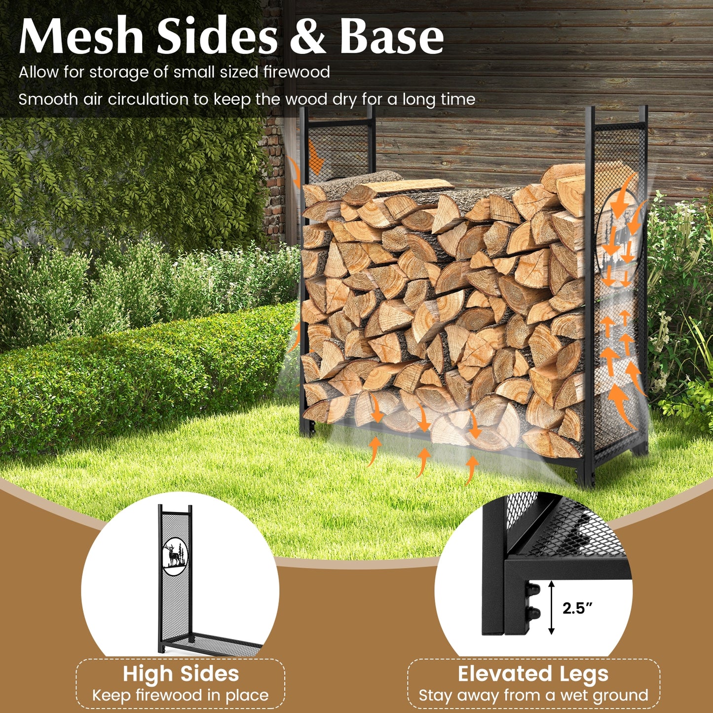 4 Feet Firewood Rack Stand, Mesh Sides, Black Log Storage at Gallery Canada