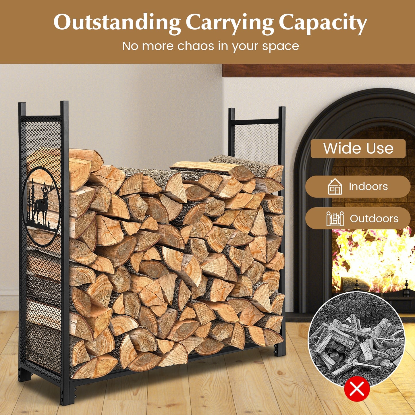 4 Feet Firewood Rack Stand, Mesh Sides, Black Log Storage at Gallery Canada
