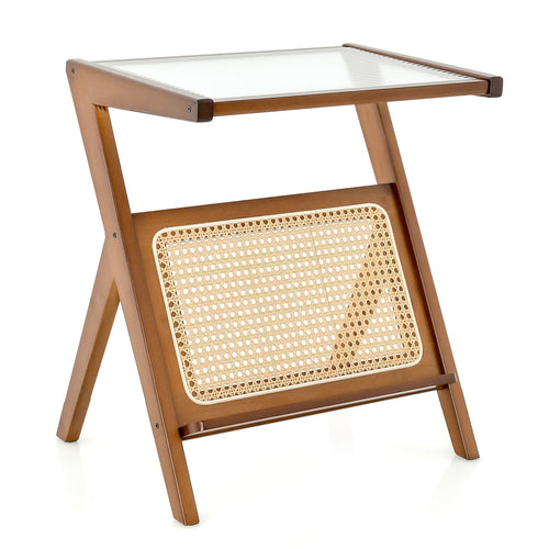 Boho End Table, Magazine Rack, Tempered Glass Top, Walnut