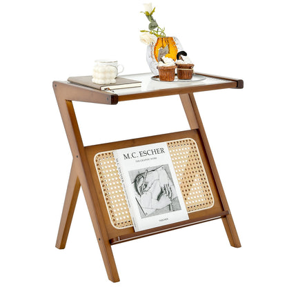 Boho End Table with Magazine Rack and Tempered Glass Top, Walnut