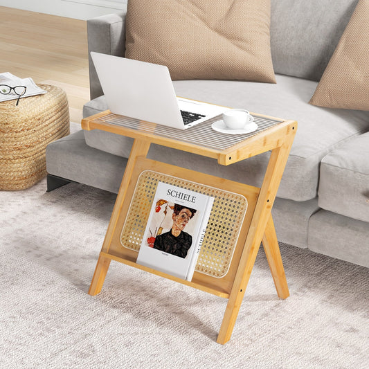 Boho End Table with Magazine Rack and Tempered Glass Top, Natural - Gallery Canada