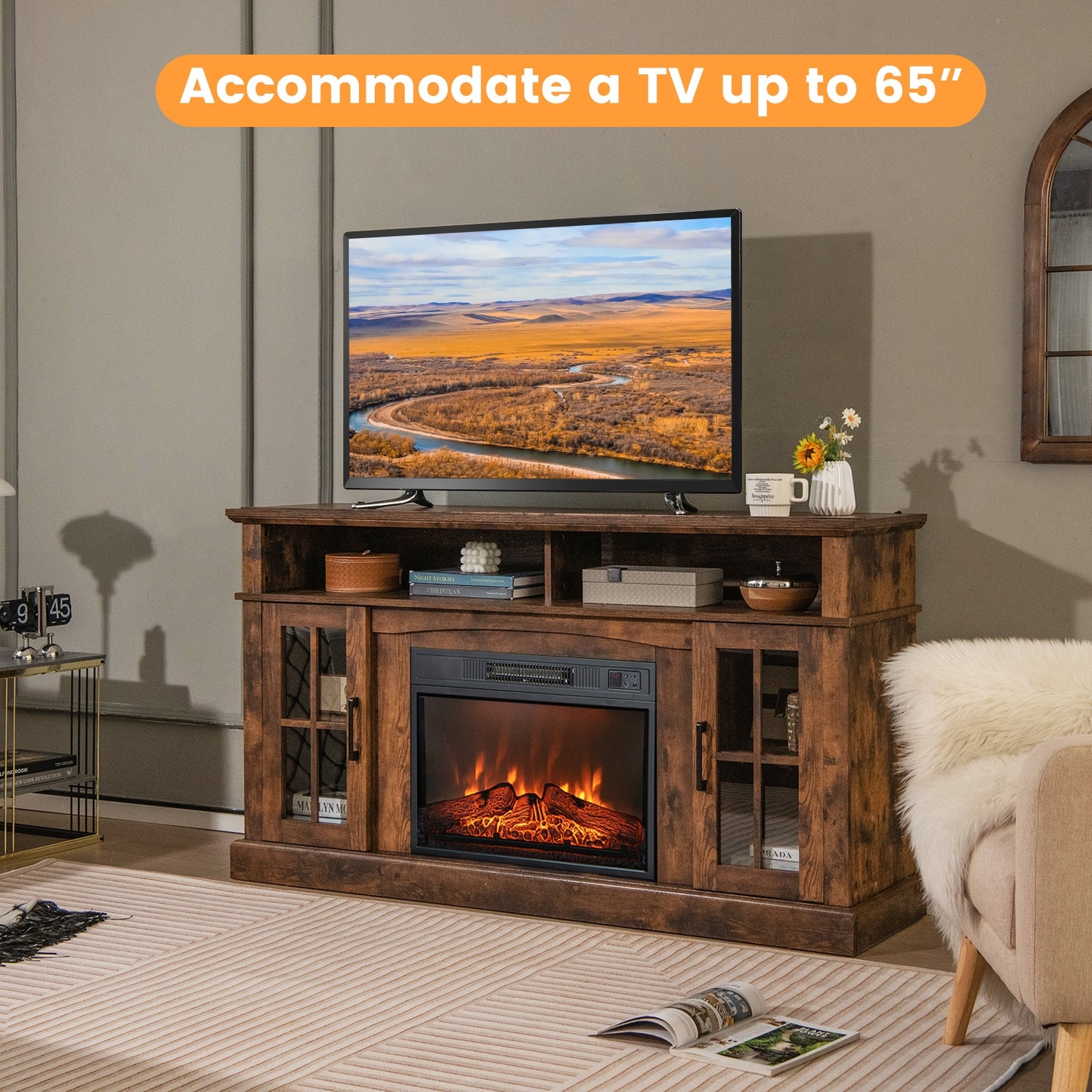 Fireplace TV Stand for TVs Up to 65 Inch with Side Cabinets and Remote Control, Brown Entertainment Centers & TV Stands at Gallery Canada