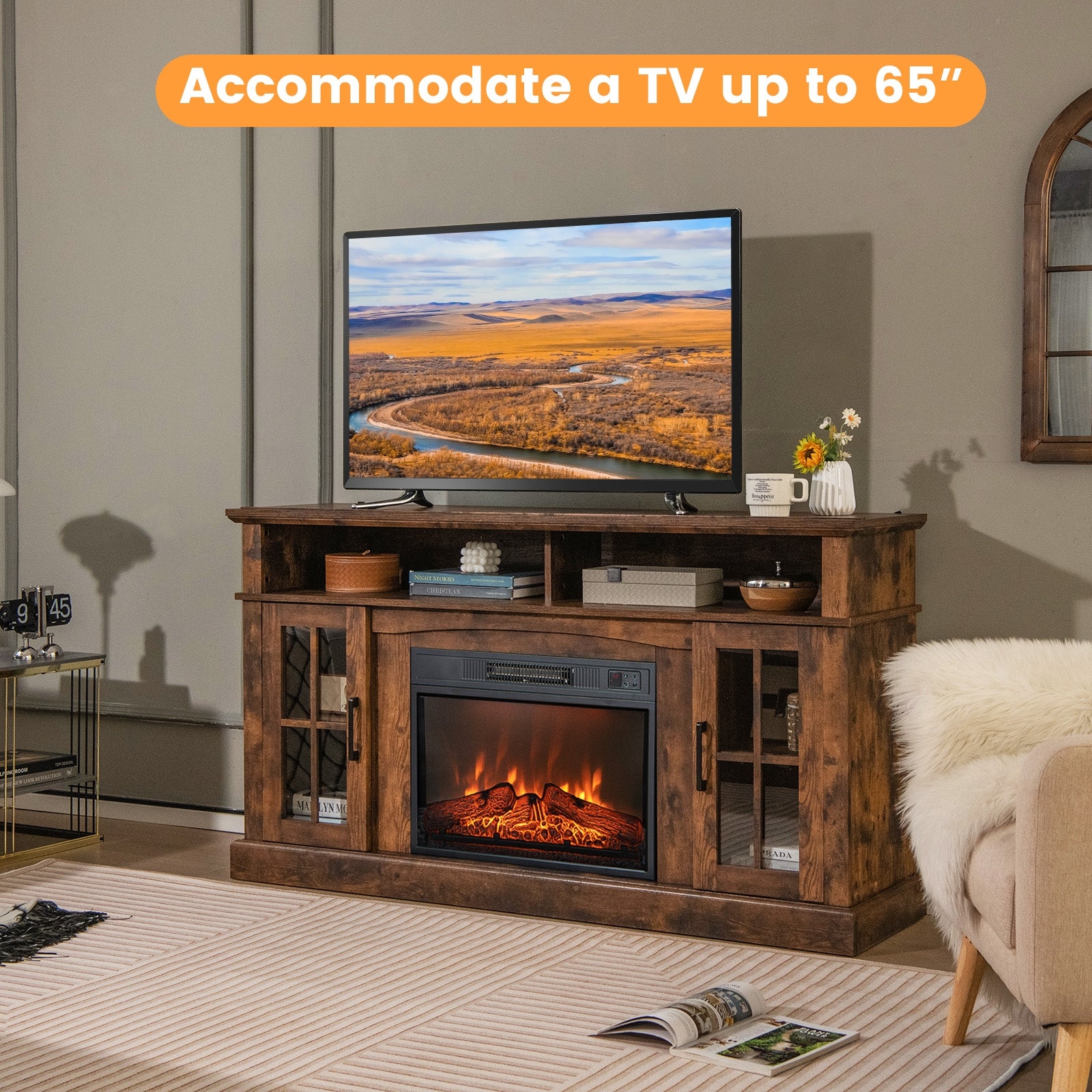 Fireplace TV Stand for TVs Up to 65 Inch with Side Cabinets and Remote Control, Brown Entertainment Centers & TV Stands at Gallery Canada