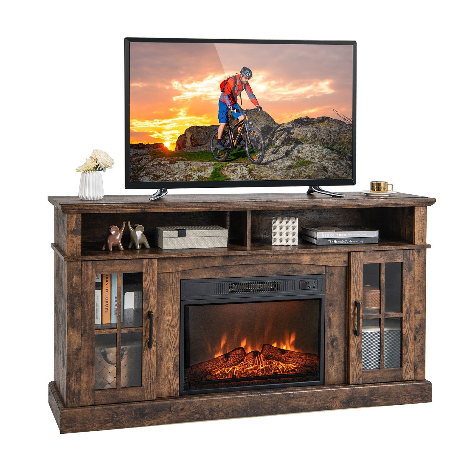 Fireplace TV Stand for TVs Up to 65 Inch with Side Cabinets and Remote Control, Brown Entertainment Centers & TV Stands Brown at Gallery Canada