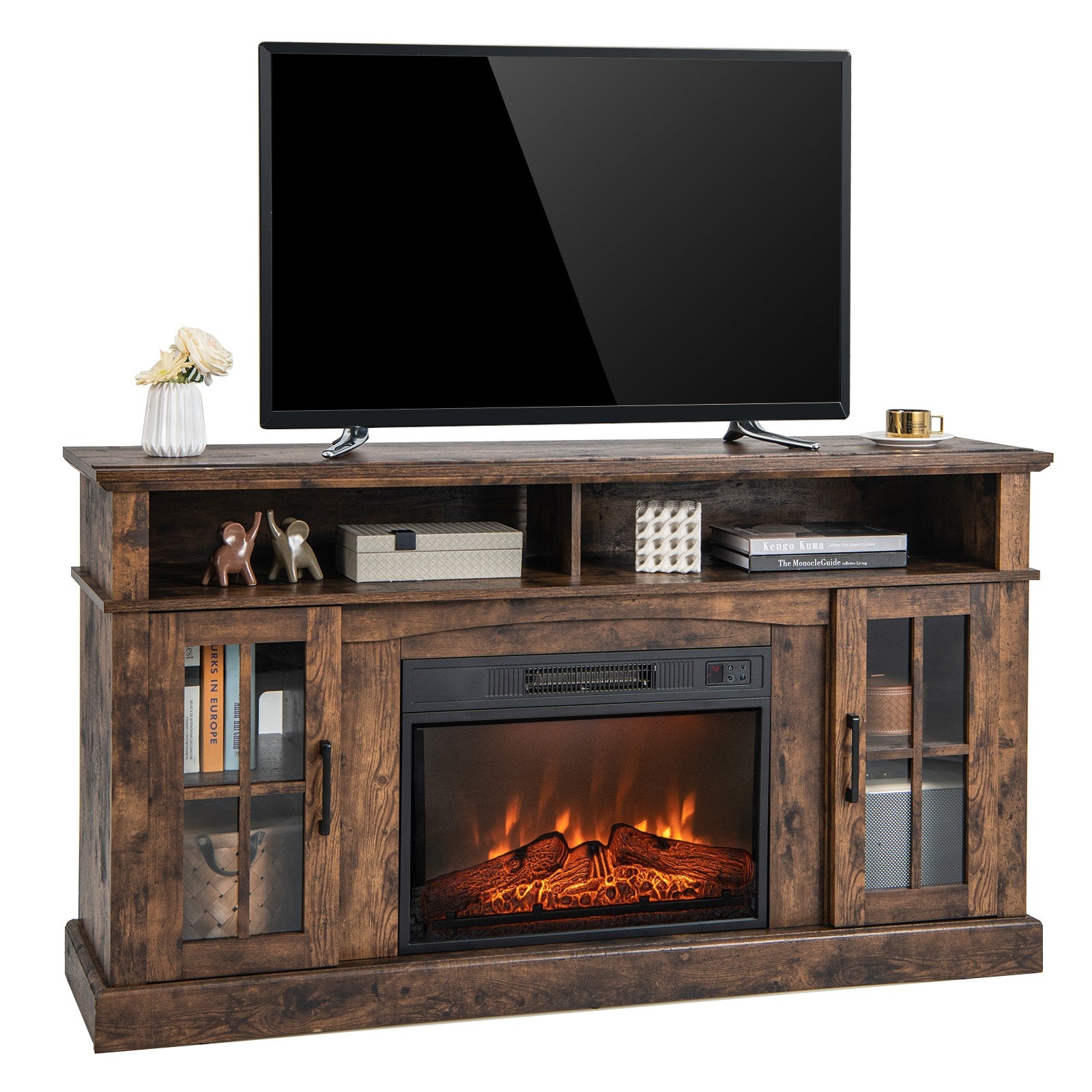 Fireplace TV Stand for TVs Up to 65 Inch with Side Cabinets and Remote Control, Brown Entertainment Centers & TV Stands at Gallery Canada