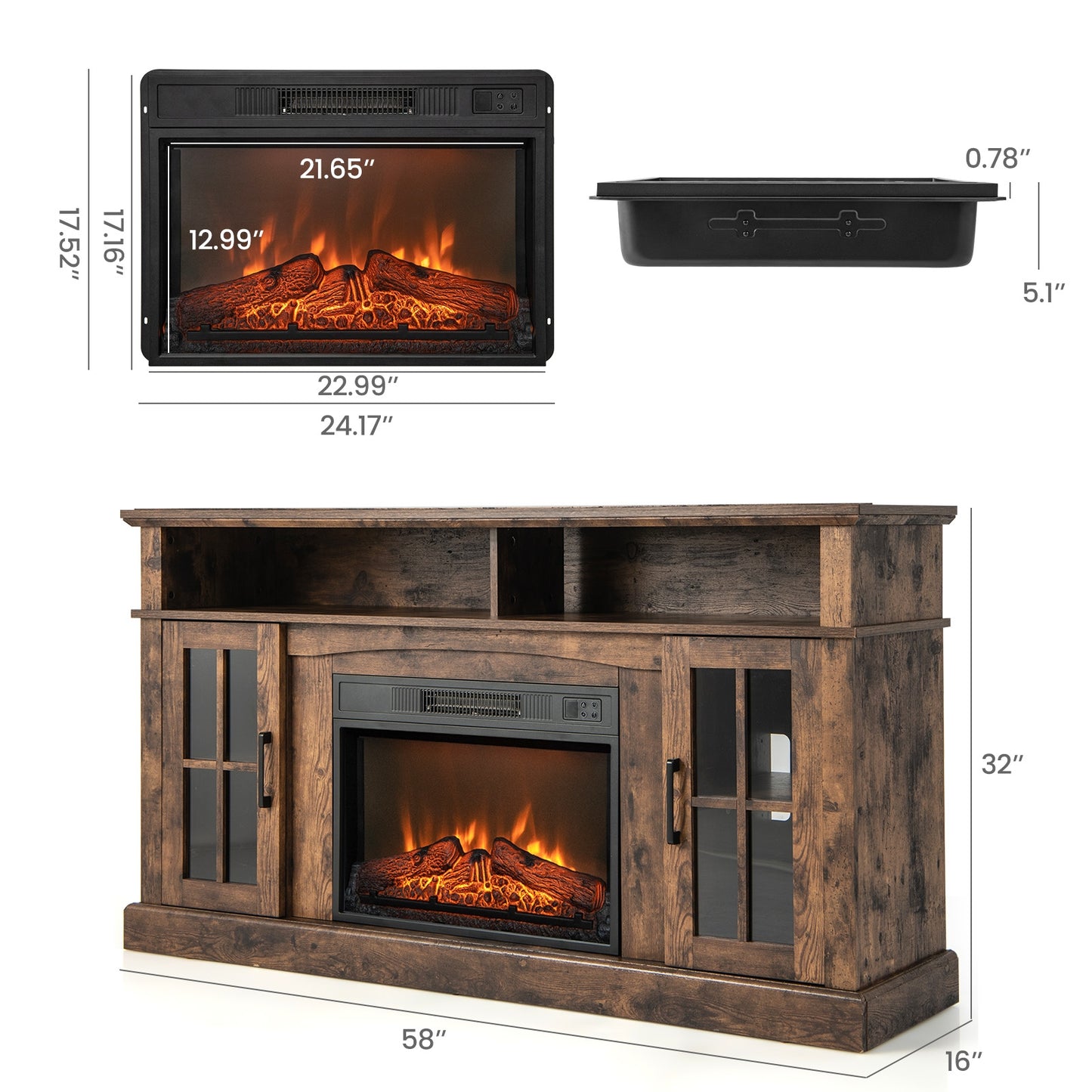 Fireplace TV Stand for TVs Up to 65 Inch with Side Cabinets and Remote Control, Brown Entertainment Centers & TV Stands at Gallery Canada