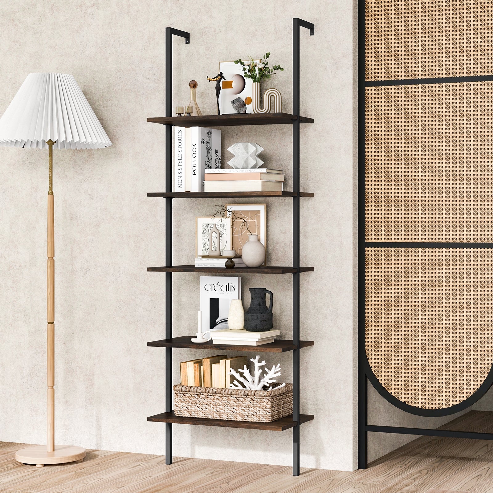 5 Tier Ladder Shelf Wall-Mounted Bookcase with Steel Frame, Brown Bookcases at Gallery Canada