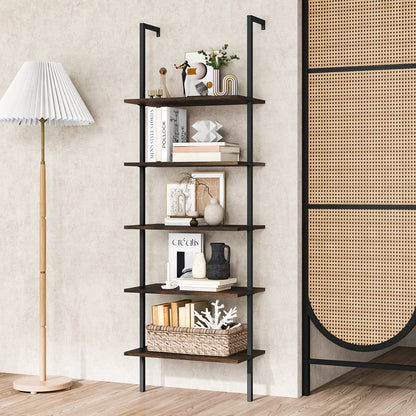 5 Tier Ladder Shelf Wall-Mounted Bookcase with Steel Frame, Brown Bookcases at Gallery Canada