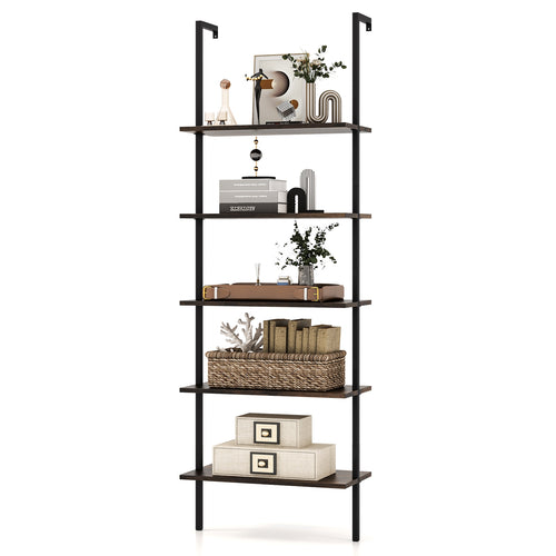 5 Tier Ladder Shelf, Wall-Mounted Bookcase, Steel Frame, Brown