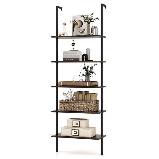 5 Tier Ladder Shelf Wall-Mounted Bookcase with Steel Frame, Brown - Gallery Canada