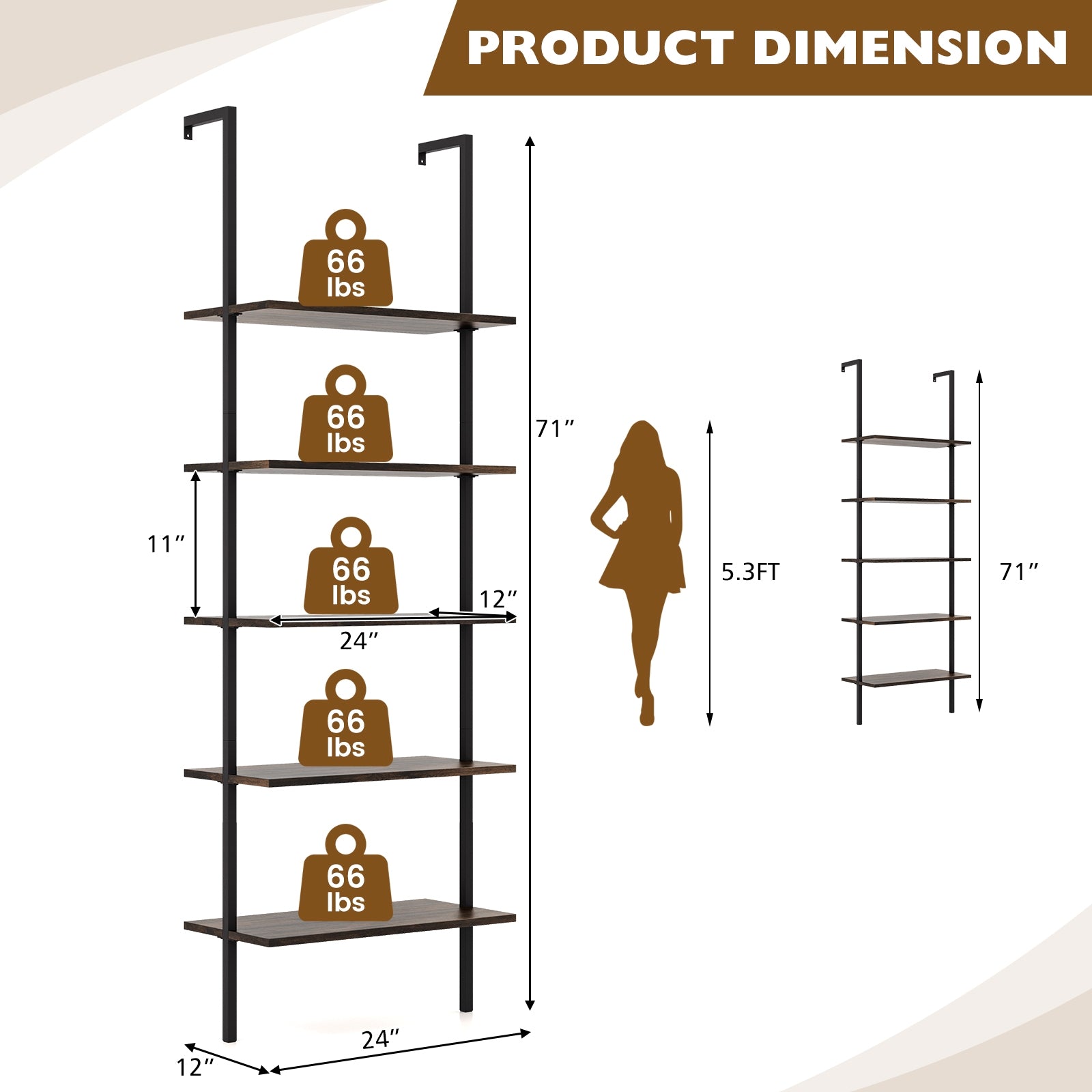 5 Tier Ladder Shelf Wall-Mounted Bookcase with Steel Frame, Brown Bookcases at Gallery Canada