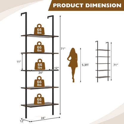 5 Tier Ladder Shelf Wall-Mounted Bookcase with Steel Frame, Brown Bookcases at Gallery Canada
