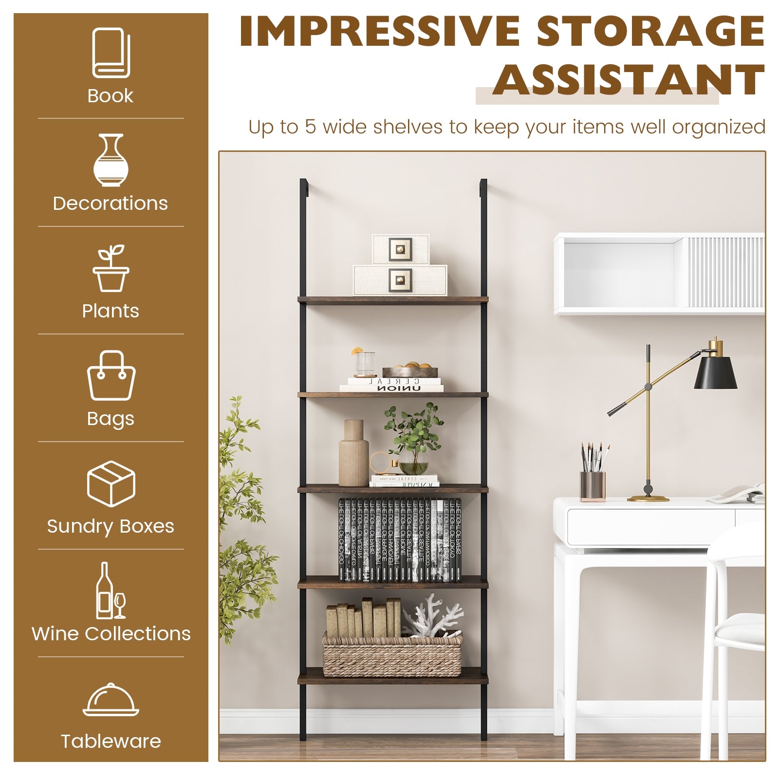 5 Tier Ladder Shelf Wall-Mounted Bookcase with Steel Frame, Brown Bookcases at Gallery Canada