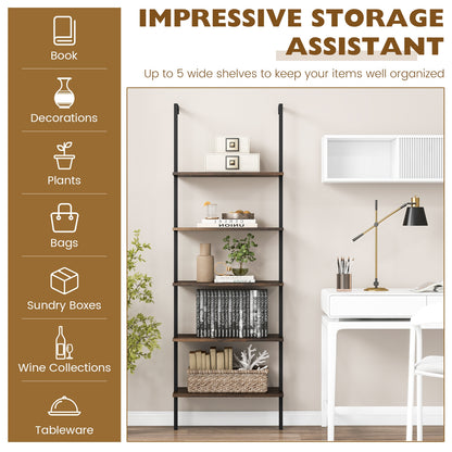 5 Tier Ladder Shelf Wall-Mounted Bookcase with Steel Frame, Brown Bookcases at Gallery Canada