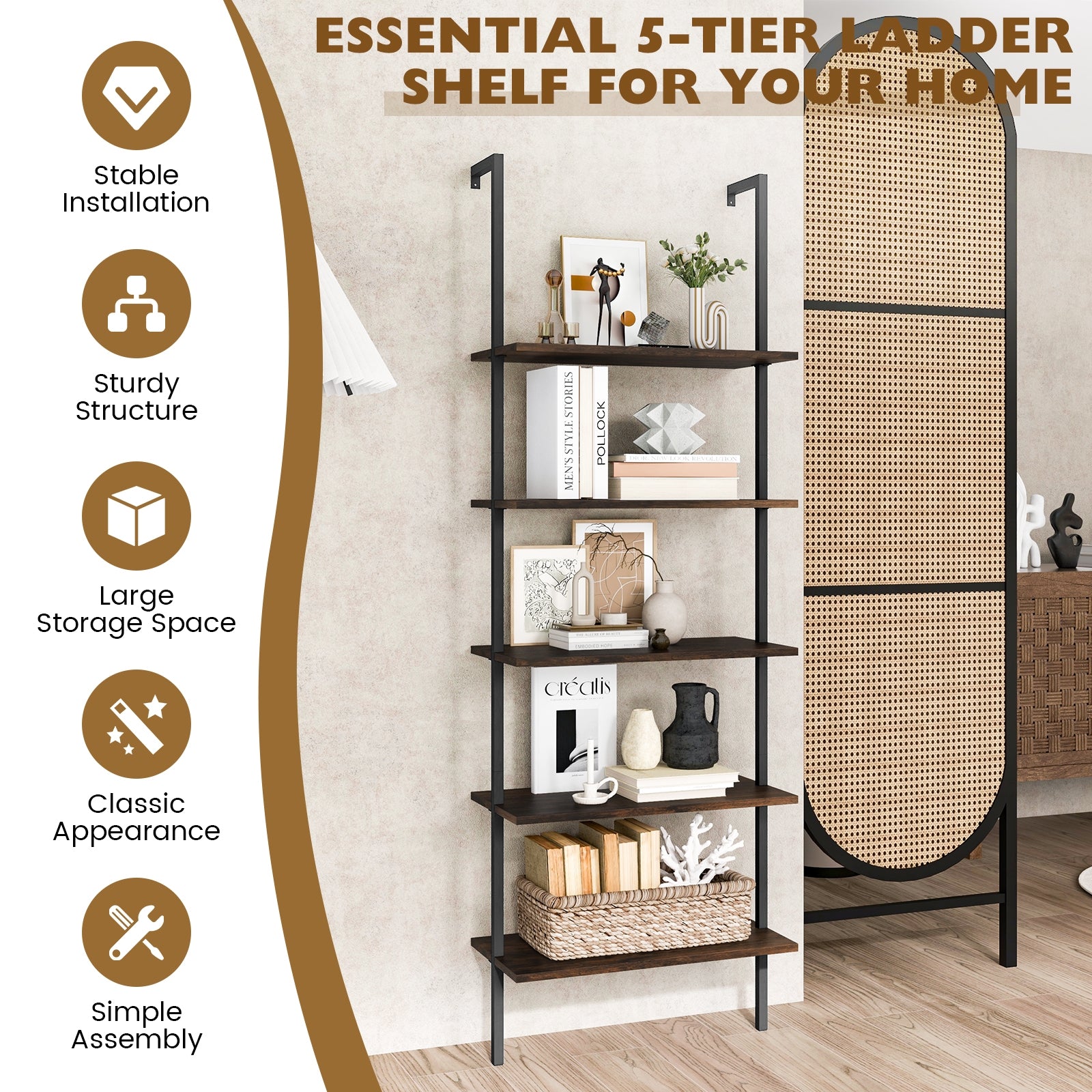 5 Tier Ladder Shelf Wall-Mounted Bookcase with Steel Frame, Brown Bookcases at Gallery Canada