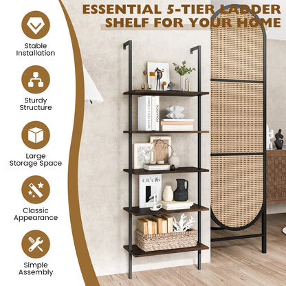5 Tier Ladder Shelf Wall-Mounted Bookcase with Steel Frame, Brown Bookcases at Gallery Canada