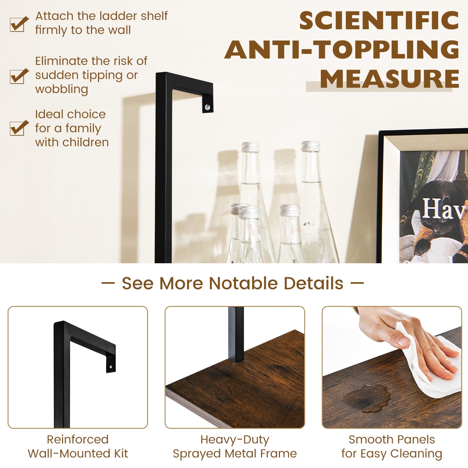 5 Tier Ladder Shelf Wall-Mounted Bookcase with Steel Frame, Brown Bookcases at Gallery Canada