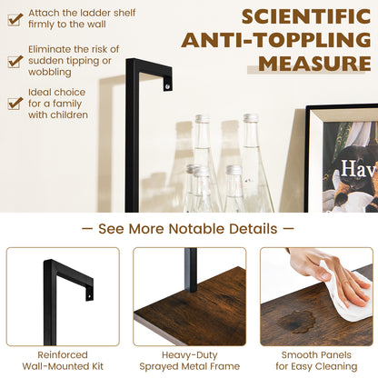 5 Tier Ladder Shelf Wall-Mounted Bookcase with Steel Frame, Brown Bookcases at Gallery Canada