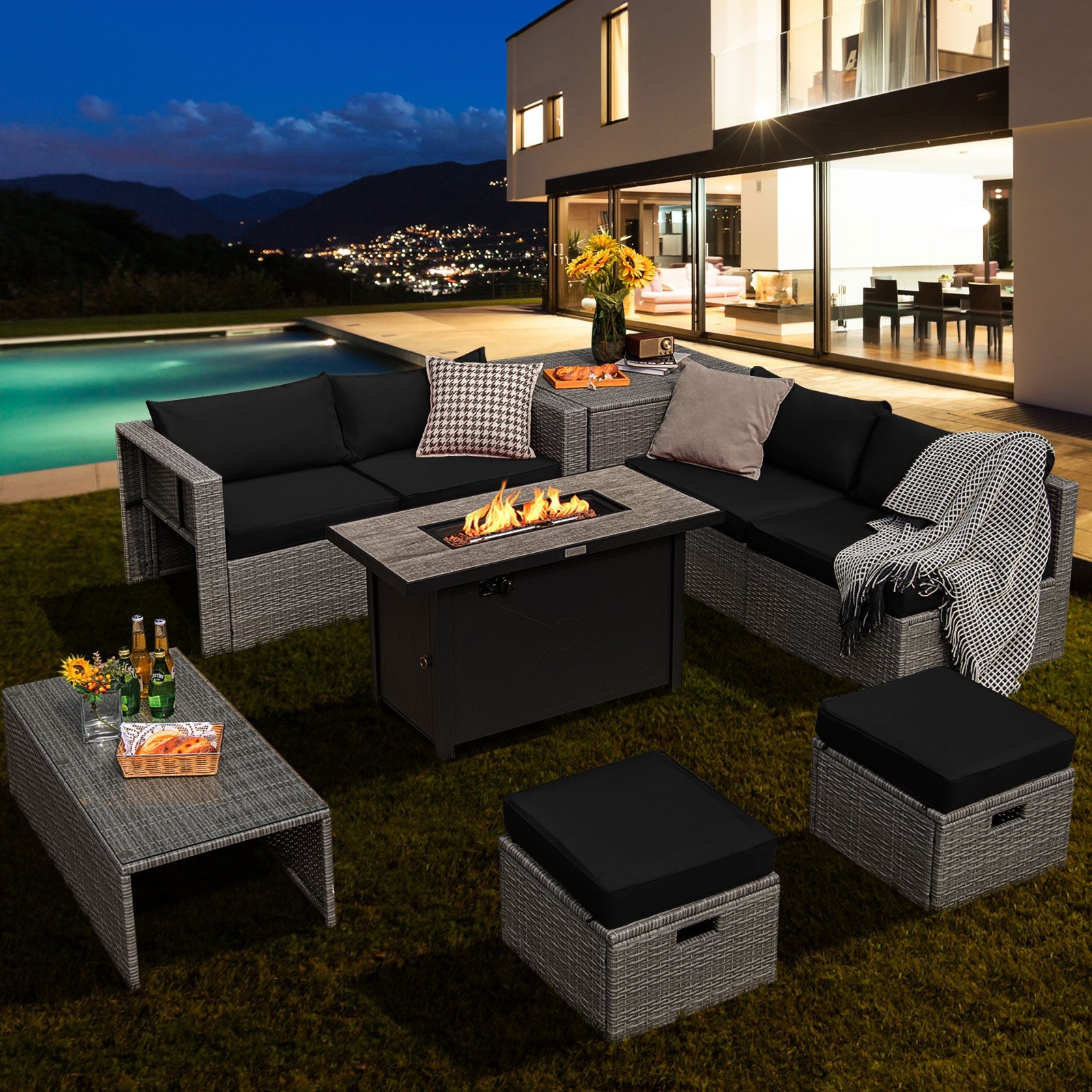 9 Pieces Patio Furniture Set with 42 Inches 60000 BTU Fire Pit, Black Patio Furniture Sets at Gallery Canada