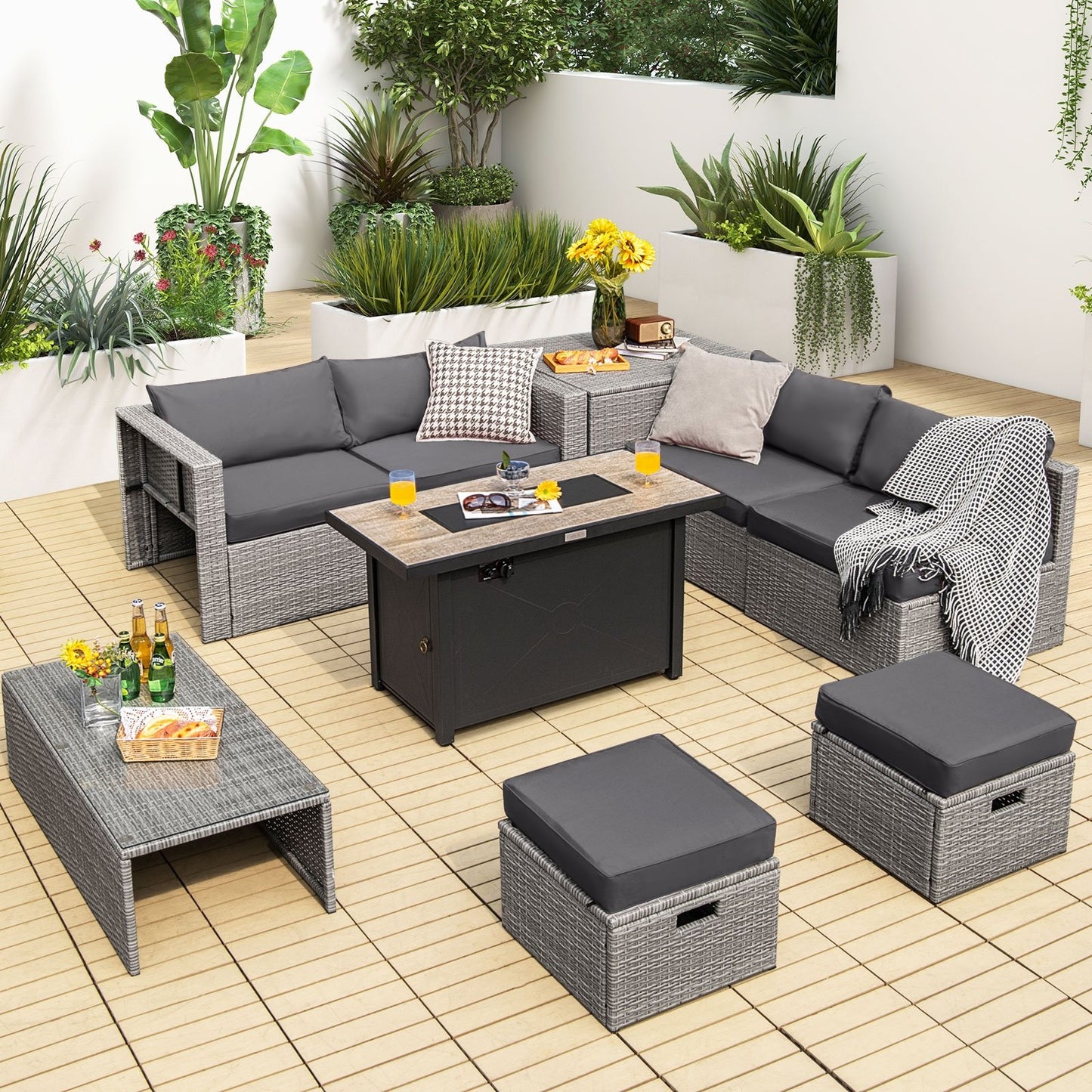 9 Pieces Patio Furniture Set with 42 Inches 60000 BTU Fire Pit, Gray
