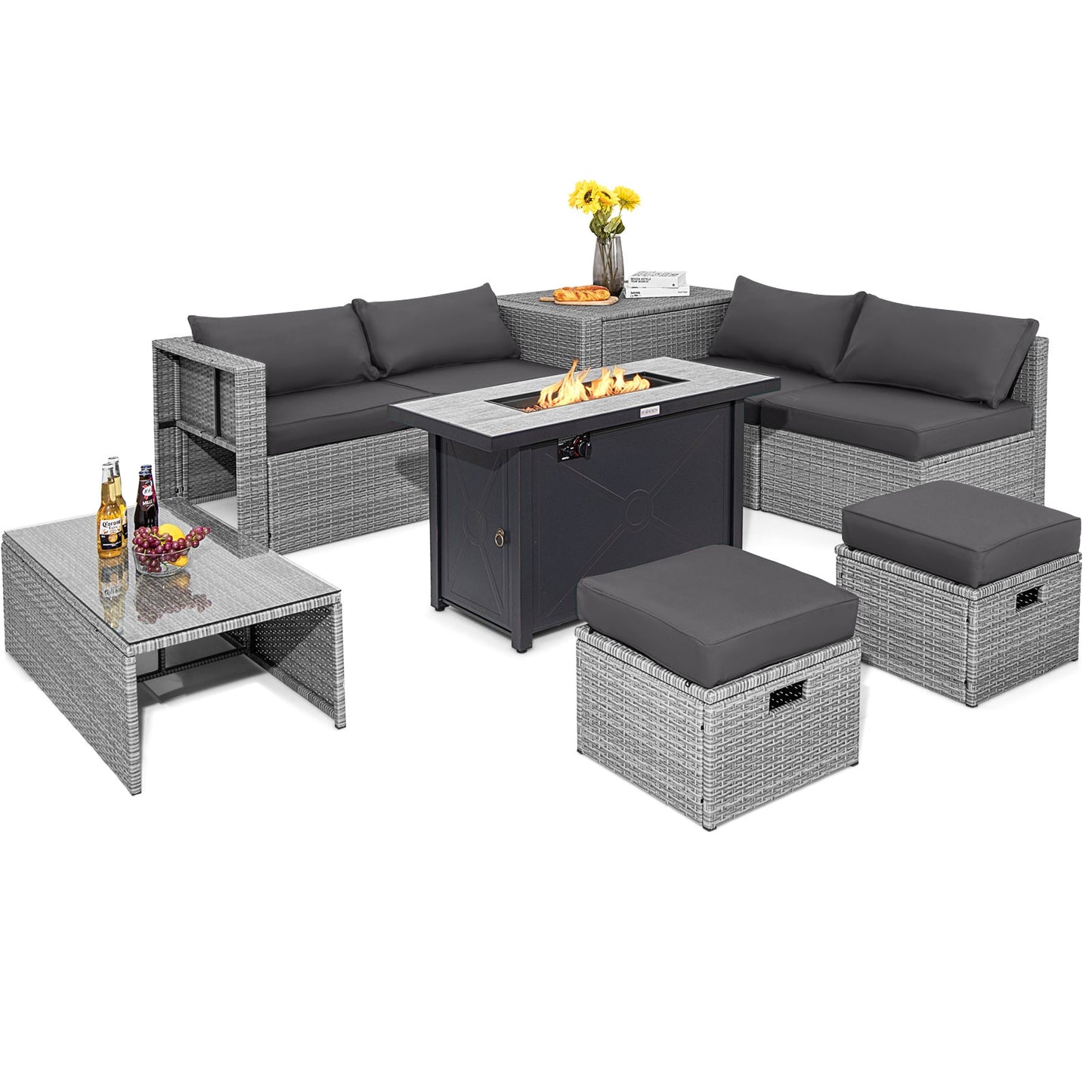 9 Piece Patio Furniture Set, 42 Inch 60000 BTU Fire Pit, Gray Patio Furniture Sets at Gallery Canada