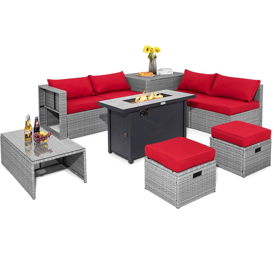 9 Piece Patio Furniture Set, 42 Inches 60000 BTU Fire Pit, Red