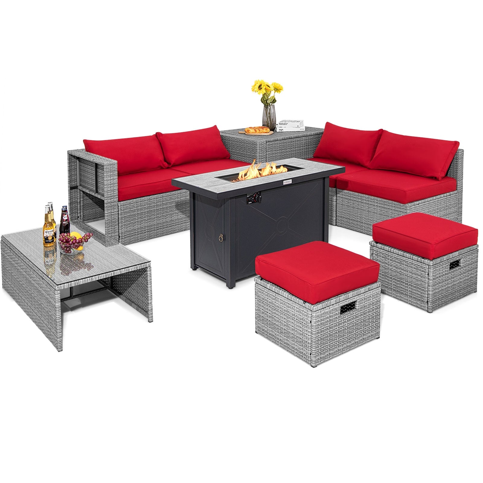 9 Pieces Patio Furniture Set with 42 Inches 60000 BTU Fire Pit, Red Patio Furniture Sets at Gallery Canada