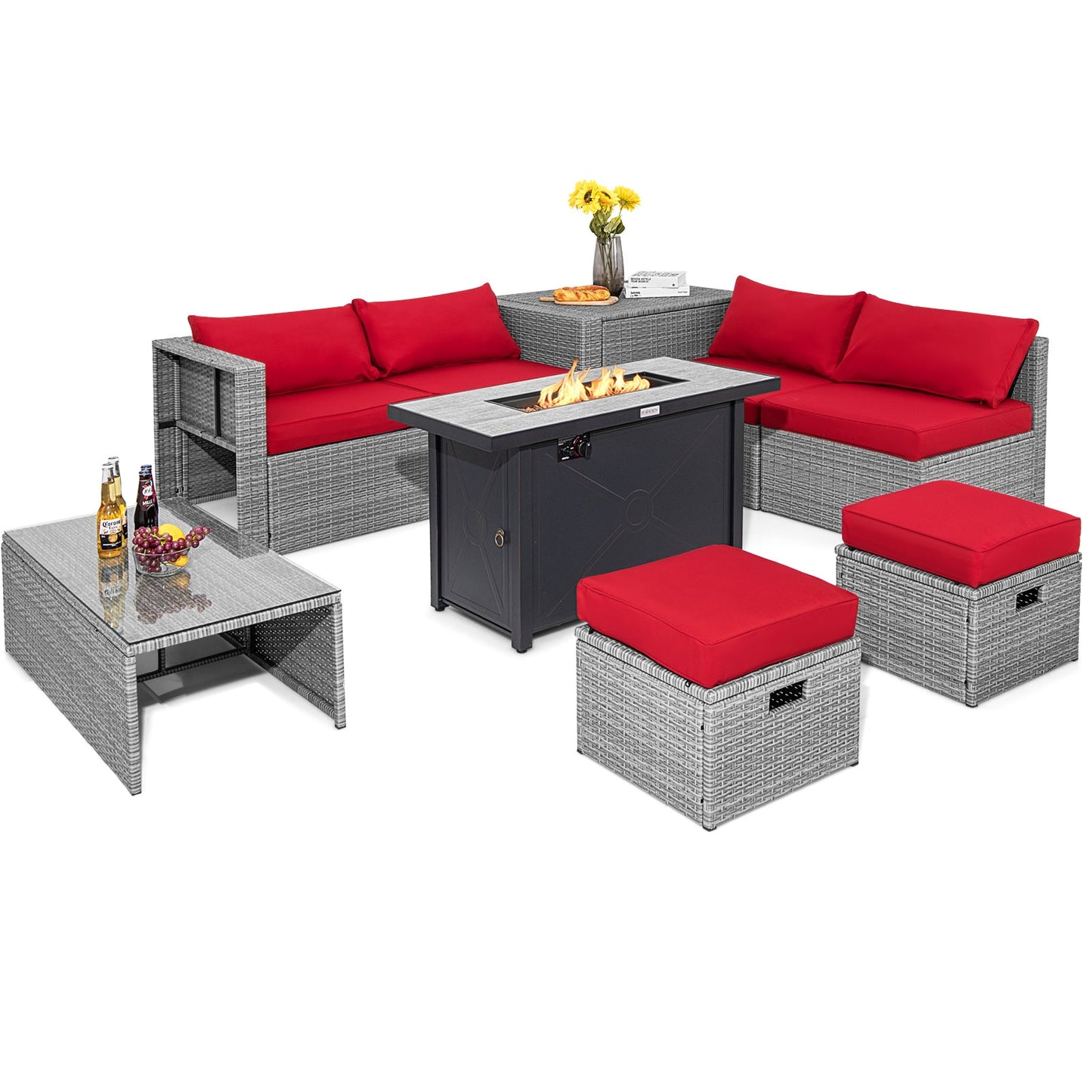 9 Pieces Patio Furniture Set with 42 Inches 60000 BTU Fire Pit, Red Patio Furniture Sets at Gallery Canada