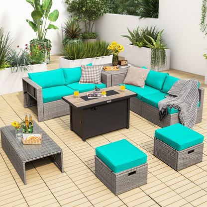 9 Pieces Patio Furniture Set with 42 Inches 60000 BTU Fire Pit, Turquoise at Gallery Canada
