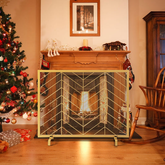 38 x 31 Inch Single Panel Fireplace Screen, Golden - Gallery Canada