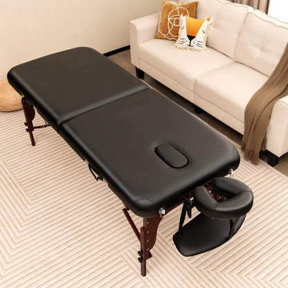 Folding Massage Table with Height-adjustable Beech Wood Frame, Black