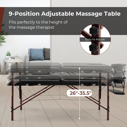 Folding Massage Table with Height-adjustable Beech Wood Frame, Black