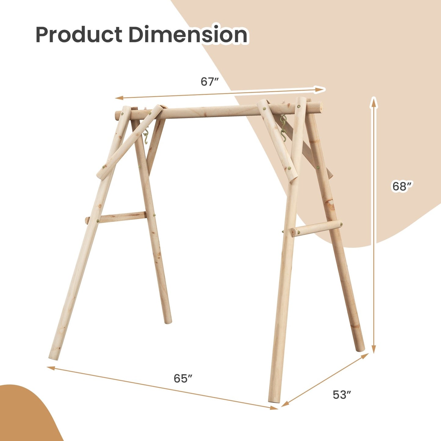 Heavy Duty Wooden Swing Frame with Reinforced Bars, Natural