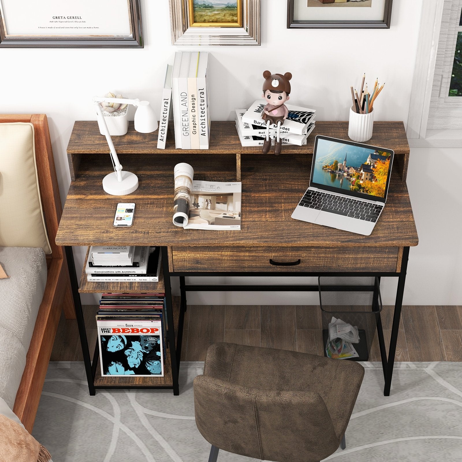 48 Inch Computer Desk with Monitor Stand Drawer and Shelves, Rustic Brown Computer Desks at Gallery Canada