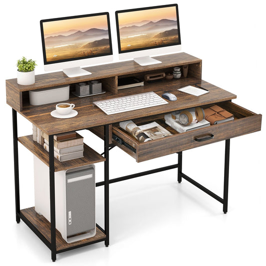 48 Inch Computer Desk with Monitor Stand Drawer and Shelves, Rustic Brown Computer Desks Rustic Brown at Gallery Canada