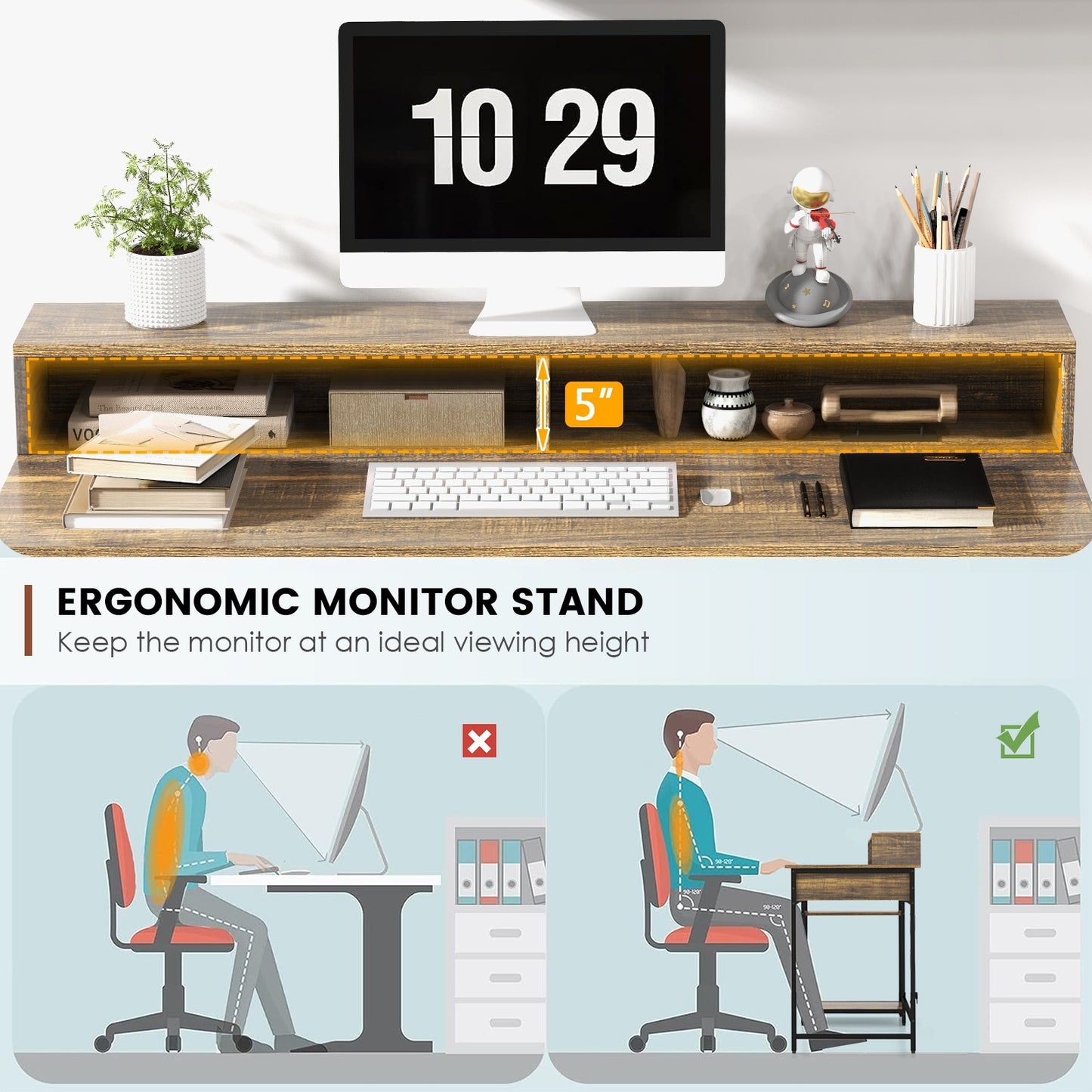 48 Inch Computer Desk with Monitor Stand Drawer and Shelves, Rustic Brown Computer Desks at Gallery Canada