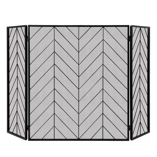 3-Panel Metal Foldable Fireplace Screen with Metal Mesh, Black