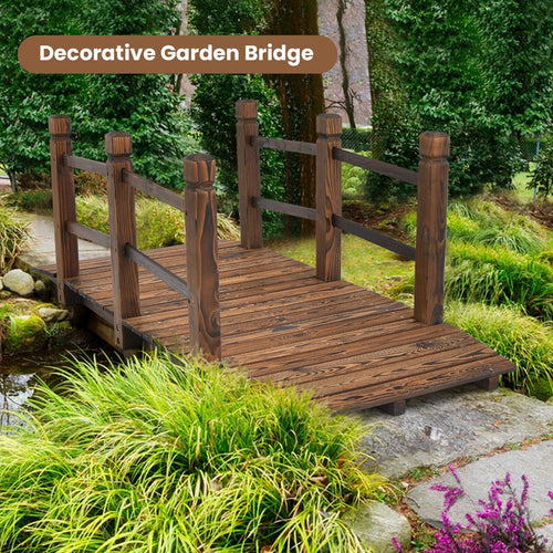 5 Feet Wooden Garden Bridge, With Safety Rails, Brown