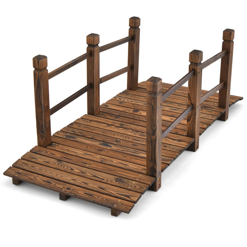 5 Feet Wooden Garden Bridge, With Safety Rails, Brown